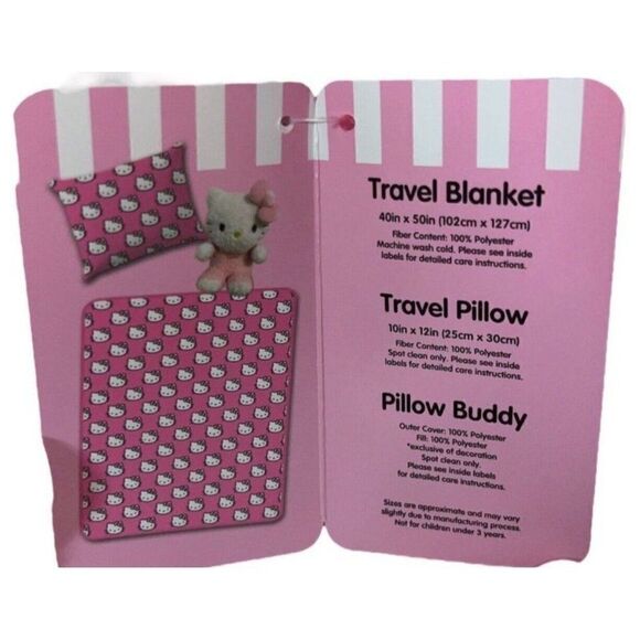 New! HELLO KITTY 3Pc Travel Set Hot Pink Blanket, Pillow, Plush Buddy Limited - Picture 5 of 5